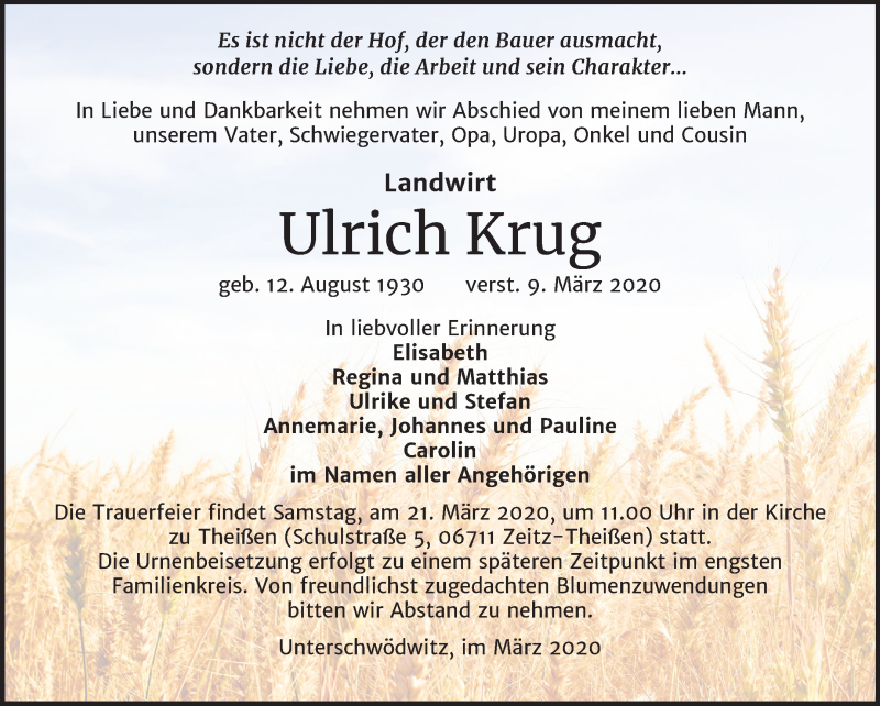  Traueranzeige für Ulrich Krug vom 14.03.2020 aus Super Sonntag Zeitz