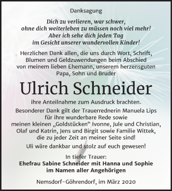 Traueranzeige von Ulrich Schneider von Mitteldeutsche Zeitung Merseburg/Querfurt