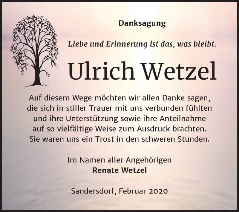  Traueranzeige für Ulrich Wetzel vom 06.03.2020 aus Mitteldeutsche Zeitung Bitterfeld
