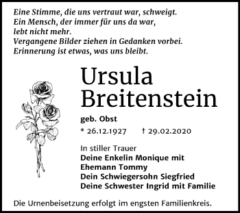 Traueranzeige von Ursula Breitenstein von Wochenspiegel Bitterfeld