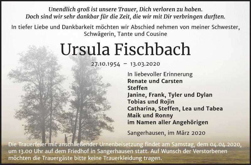  Traueranzeige für Ursula Fischbach vom 20.03.2020 aus Mitteldeutsche Zeitung Sangerhausen