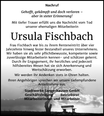 Traueranzeige von Ursula Fischbach von Mitteldeutsche Zeitung Sangerhausen