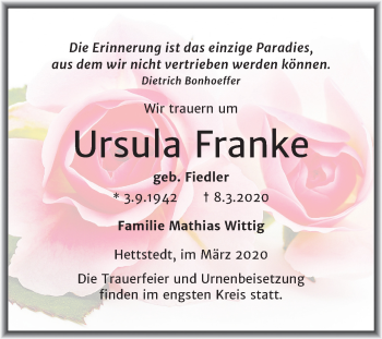Traueranzeige von Ursula Franke von Mitteldeutsche Zeitung Mansfelder Land