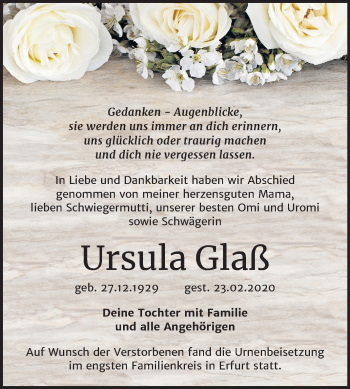 Traueranzeige von Ursula Glaß von Super Sonntag Weißenfels