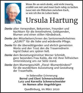 Traueranzeige von Ursula Hartung von Mitteldeutsche Zeitung Quedlinburg