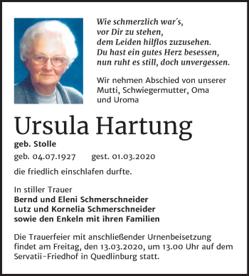 Traueranzeige von Ursula Hartung von Mitteldeutsche Zeitung Quedlinburg