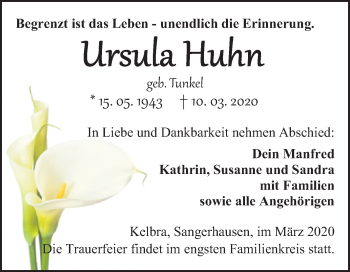 Traueranzeige von Ursula Huhn von Mitteldeutsche Zeitung Sangerhausen