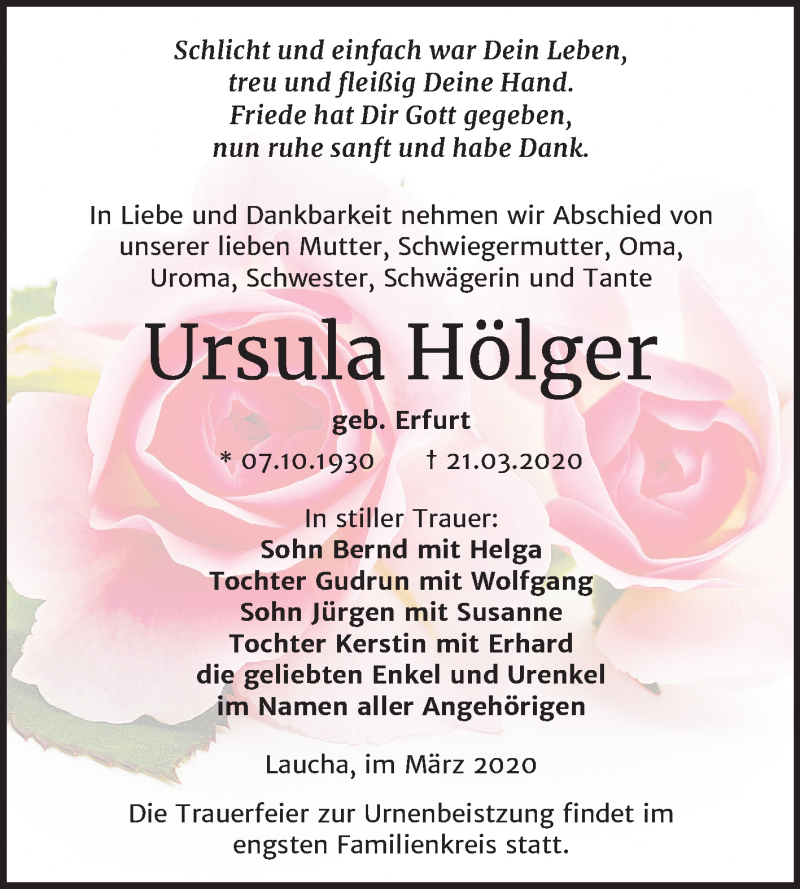 Traueranzeige für Ursula Hölger vom 25.03.2020 aus Mitteldeutsche Zeitung Naumburg/Nebra