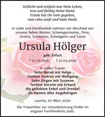 Traueranzeige von Ursula Hölger von Mitteldeutsche Zeitung Naumburg/Nebra