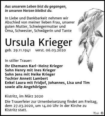 Traueranzeige von Ursula Krieger von Mitteldeutsche Zeitung Weißenfels