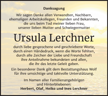 Traueranzeige von Ursula Lerchner von Wochenspiegel Weißenfels