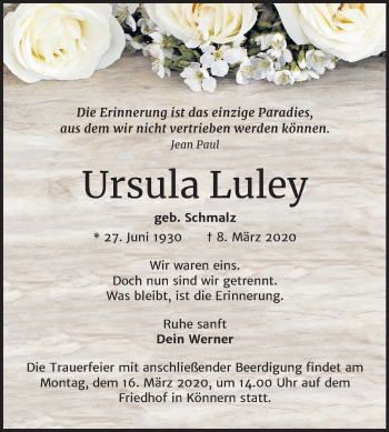 Traueranzeige von Ursula Luley von Mitteldeutsche Zeitung Halle/Saalkreis