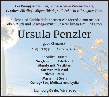 Traueranzeige von Ursula Penzler von Wochenspiegel Naumburg/Nebra