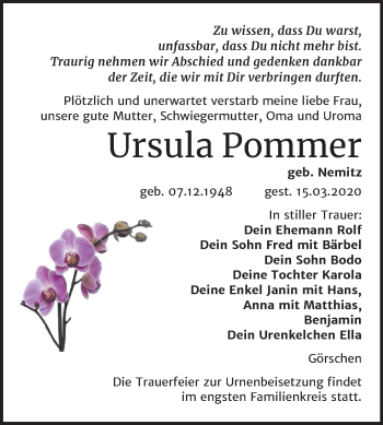 Traueranzeige von Ursula Pommer von Super Sonntag Naumburg/Nebra