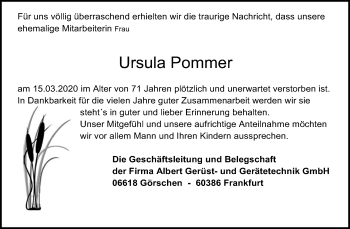 Traueranzeige von Ursula Pommer von Super Sonntag Naumburg/Nebra