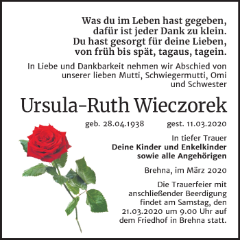 Traueranzeige von Ursula-Ruth Wieczorek von Mitteldeutsche Zeitung Bitterfeld