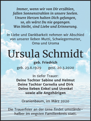 Traueranzeige von Ursula Schmidt von Mitteldeutsche Zeitung Wittenberg