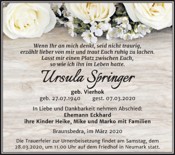 Traueranzeige von Ursula Springer von Super Sonntag Merseburg/Querfurt