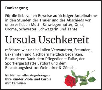 Traueranzeige von Ursula Uschkereit von Super Sonntag Bernburg