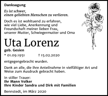 Traueranzeige von Uta Lorenz von Mitteldeutsche Zeitung Halle/Saalkreis