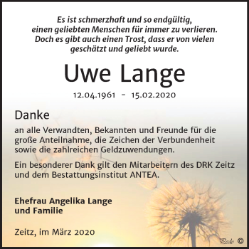 Traueranzeige von Uwe Lange von Super Sonntag Zeitz