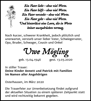 Traueranzeige von Uwe Mögling von Mitteldeutsche Zeitung Mansfelder Land / Merseburg/Querfurt