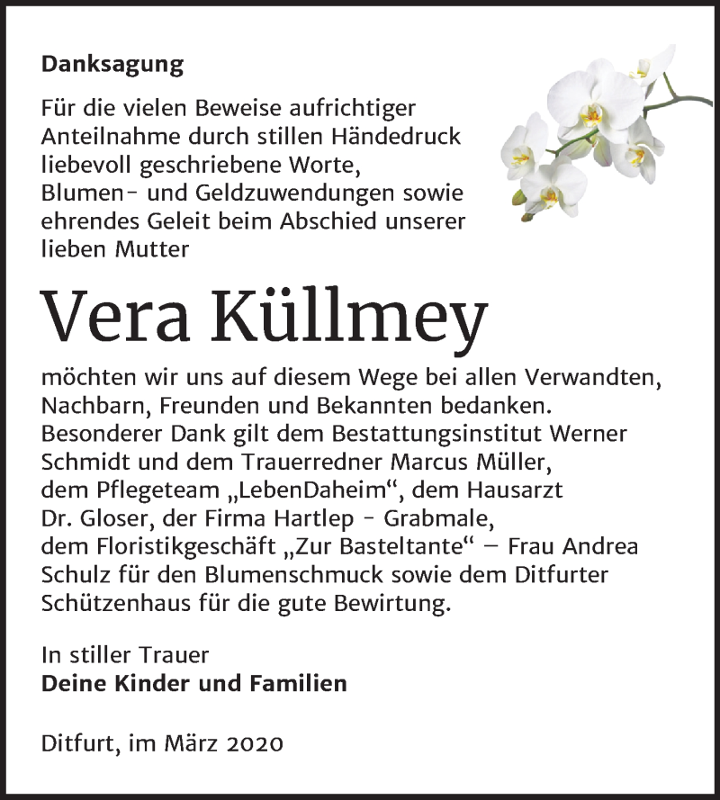  Traueranzeige für Vera Küllmey vom 21.03.2020 aus Super Sonntag Quedlinburg