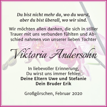Traueranzeige von Viktoria Andersohn von Mitteldeutsche Zeitung Weißenfels
