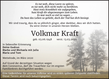 Traueranzeige von Volkmar Kraft von Mitteldeutsche Zeitung Sangerhausen