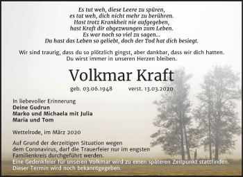 Traueranzeige von Volkmar Kraft von Mitteldeutsche Zeitung Sangerhausen
