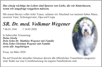 Traueranzeige von Volkmar Wegener von Mitteldeutsche Zeitung Aschersleben