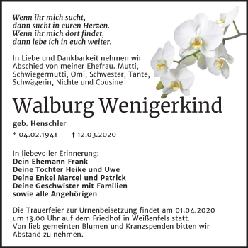 Traueranzeige von Walburg Wenigerkind von Mitteldeutsche Zeitung Weißenfels