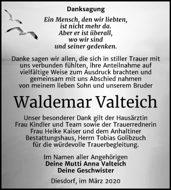 Traueranzeige von Waldemar Valteich von Super Sonntag Köthen