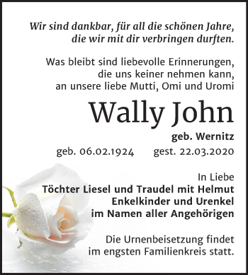 Traueranzeige von Wally John von Super Sonntag Wittenberg