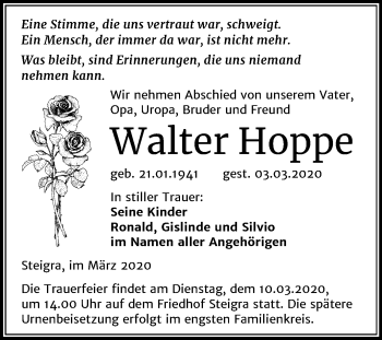 Traueranzeige von Walter Hoppe von Super Sonntag Merseburg/Querfurt