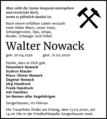 Traueranzeige von Walter Nowack von Super Sonntag Sangerhausen