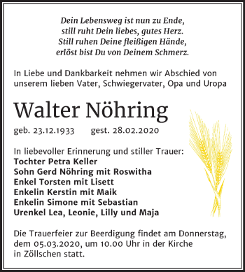 Traueranzeige von Walter Nöhring von Wochenspiegel Merseburg/Querfurt