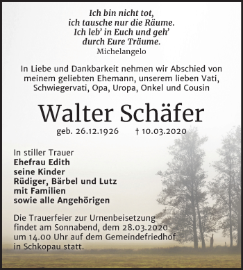 Traueranzeige von Walter Schäfer von Super Sonntag Merseburg/Querfurt