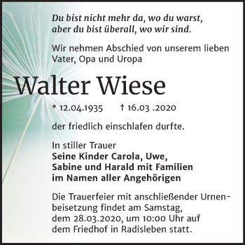 Traueranzeige von Walter Wiese von Super Sonntag Quedlinburg