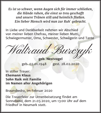 Traueranzeige von Waltraud Burczyk von Super Sonntag Merseburg/Querfurt