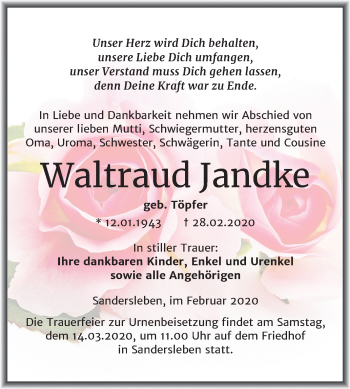 Traueranzeige von Waltraud Jandke von Wochenspiegel Mansfelder Land