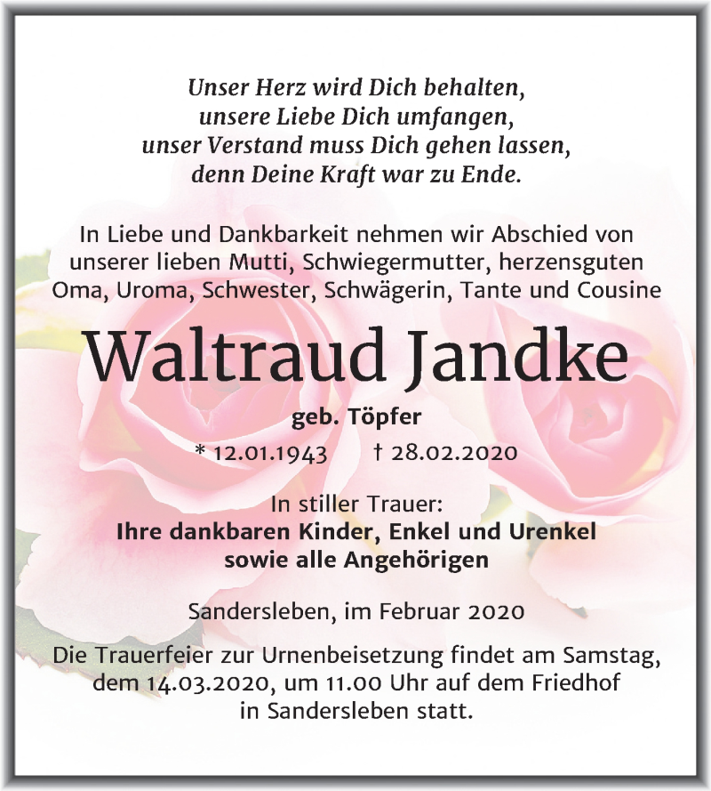  Traueranzeige für Waltraud Jandke vom 11.03.2020 aus Wochenspiegel Mansfelder Land