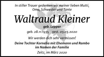 Traueranzeige von Waltraud Kleiner von Mitteldeutsche Zeitung Zeitz