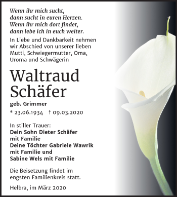 Traueranzeige von Waltraud Schäfer von Super Sonntag Mansfelder Land