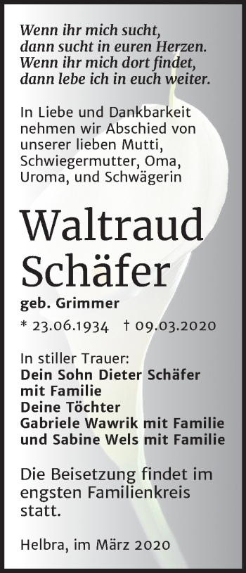 Traueranzeige von Waltraud Schäfer von Wochenspiegel Mansfelder Land