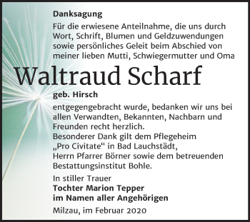 Traueranzeige von Waltraud Sharf von Mitteldeutsche Zeitung Merseburg/Querfurt