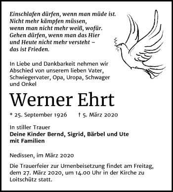 Traueranzeige von Werner Ehrt von Mitteldeutsche Zeitung Zeitz