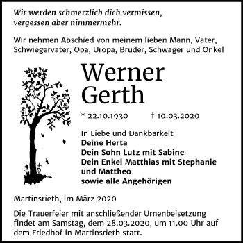 Traueranzeige von Werner Gerth von Super Sonntag Sangerhausen