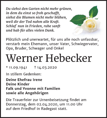 Traueranzeige von Werner Hebecker von Mitteldeutsche Zeitung Köthen