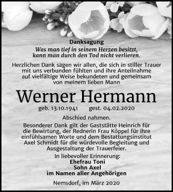 Traueranzeige von Werner Hermann von Mitteldeutsche Zeitung Merseburg/Querfurt